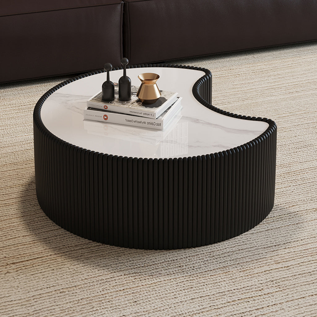 Modern Sintered Stone Round Coffee Table with Leather and Metal Base