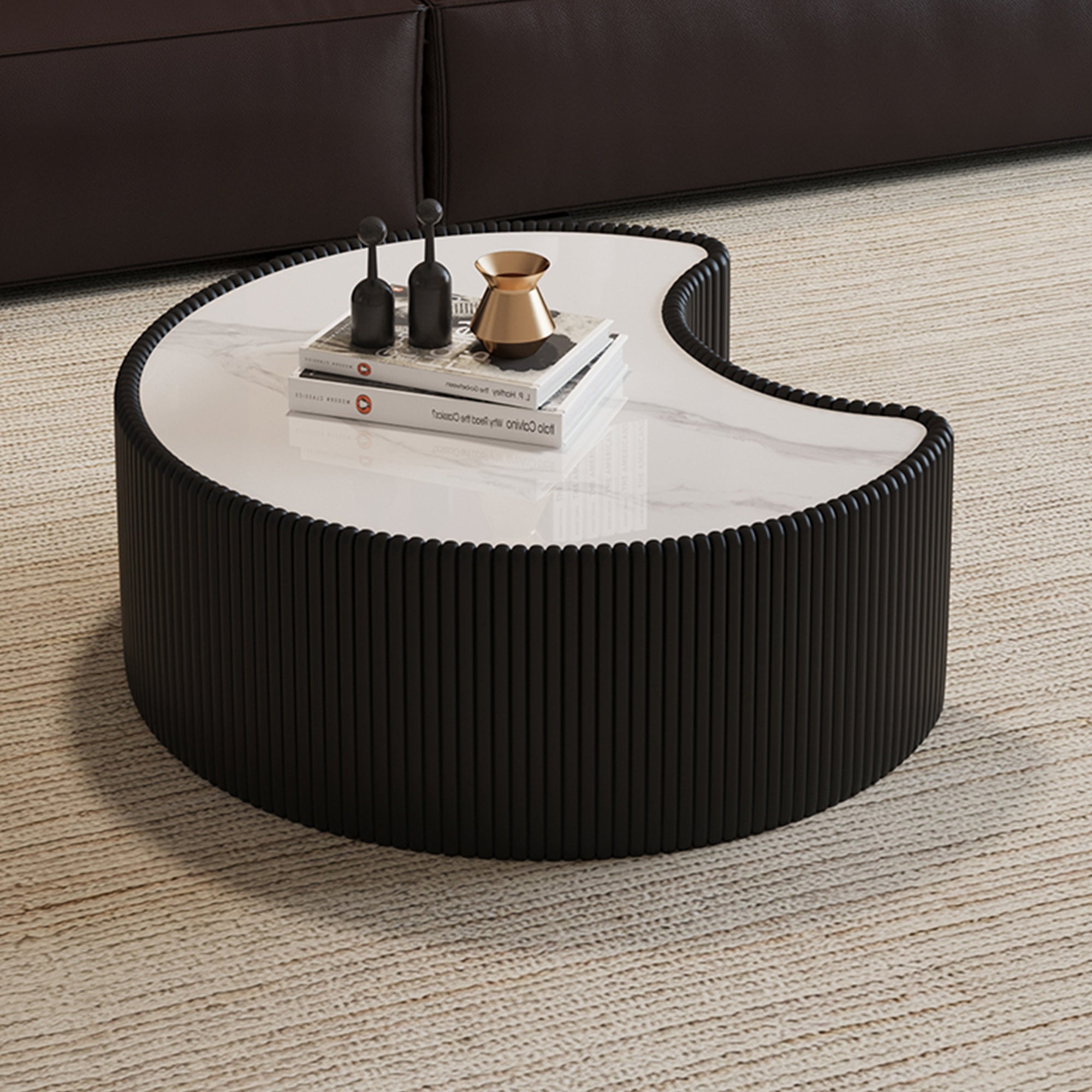 Modern Sintered Stone Round Coffee Table with Leather and Metal Base