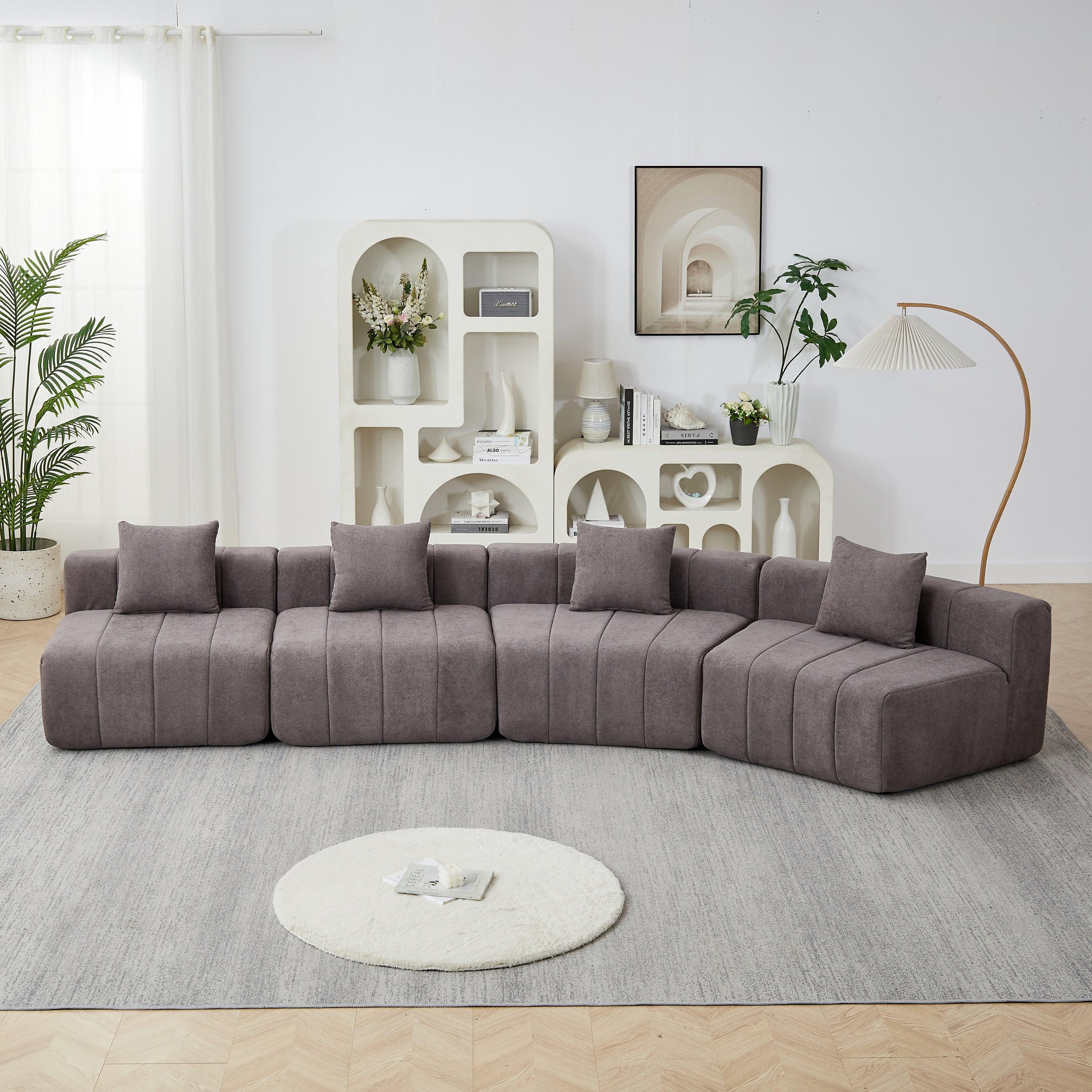 Modular Chenille Curved Sectional Sofa with 4 Pillows.