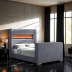 Contemporary Gray King Size Bed with TV Lift Footboard.