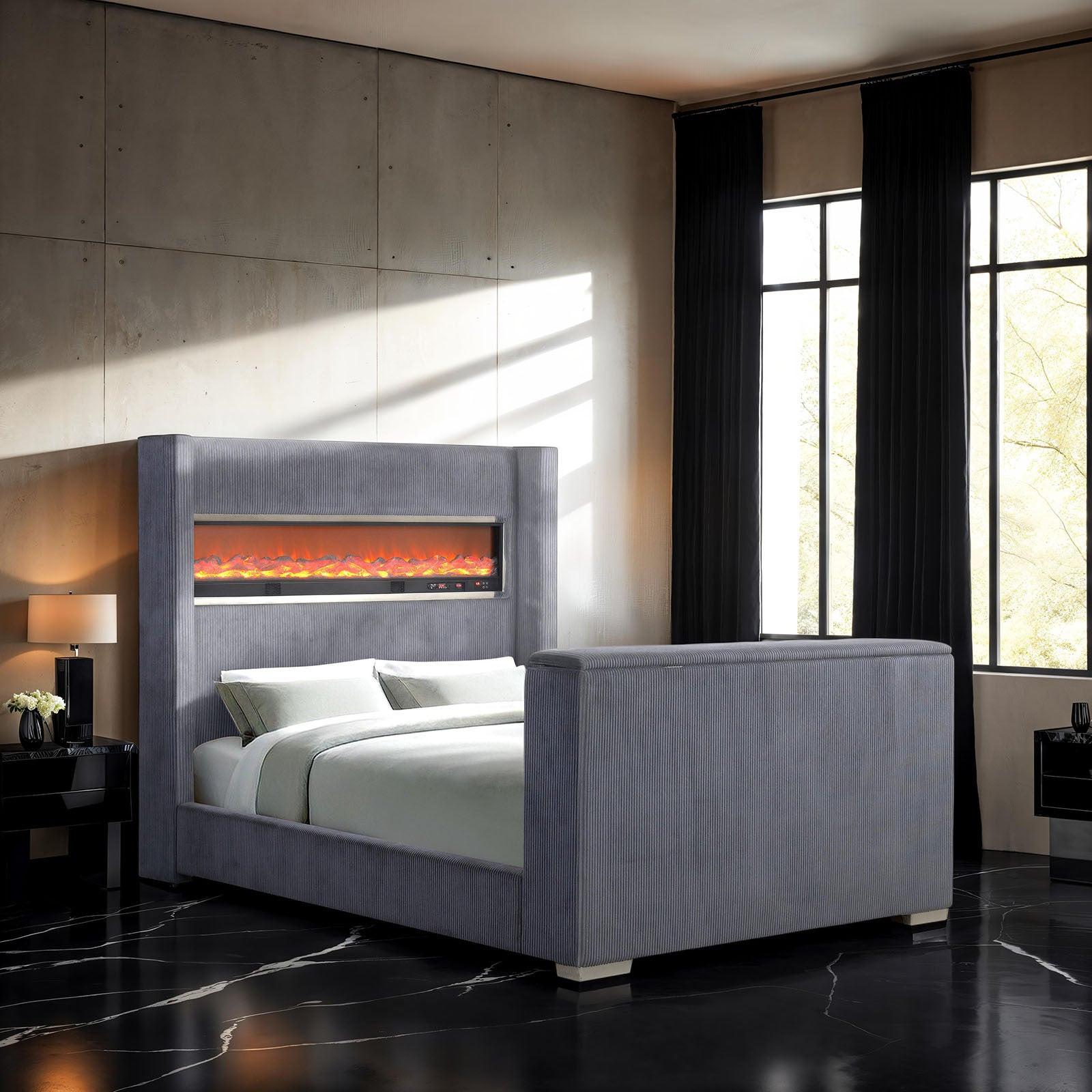 Contemporary Gray King Size Bed with TV Lift Footboard.