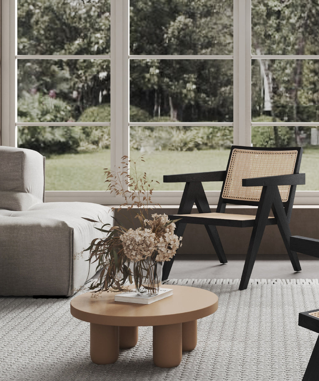 Hamlet Cane Back Wood Accent Armchair in Black and Natural