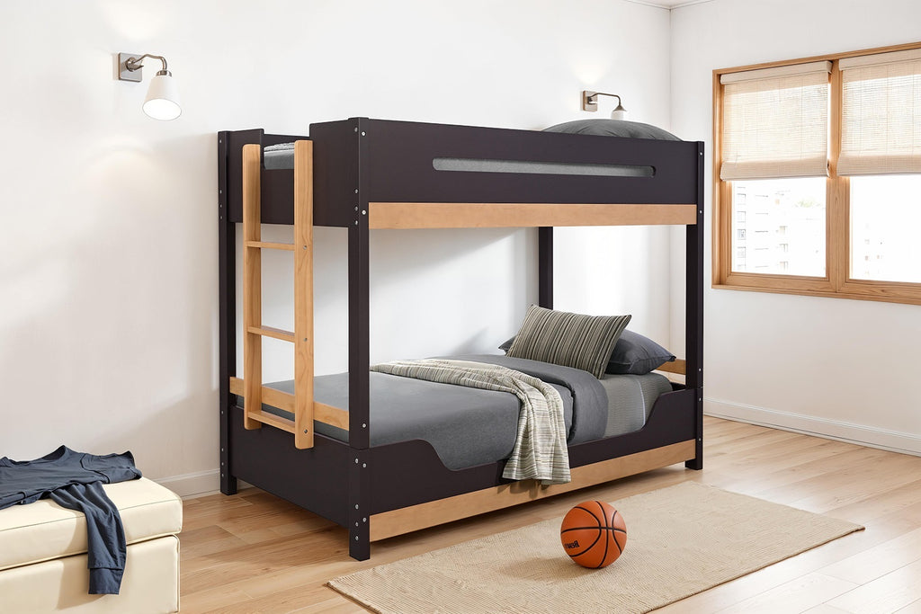 Twin Bunk Bed - Contemporary Style in natural finish with ladder, engineered wood and pine frame, ideal for modern kids' bedrooms.