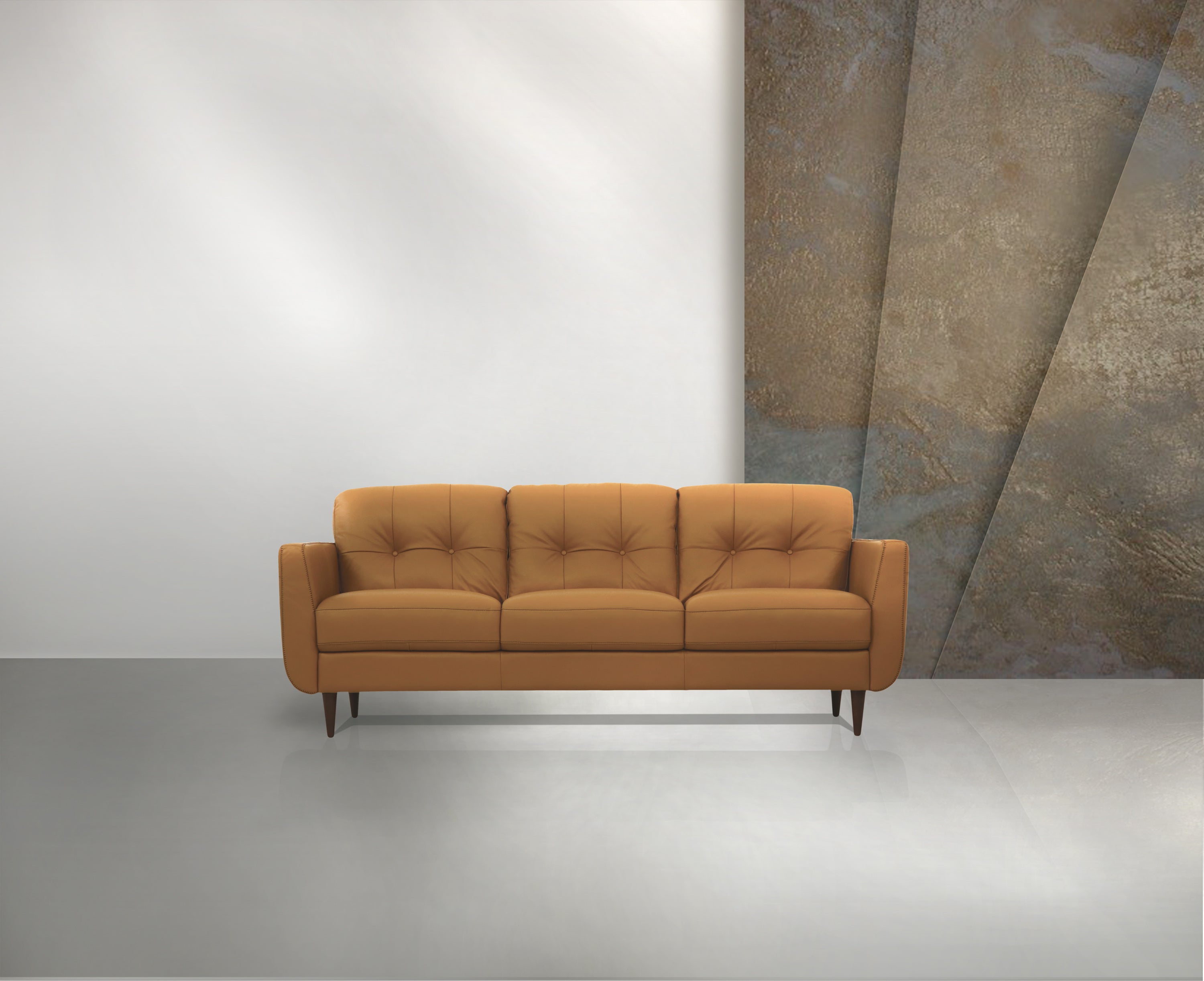 Radwan 83-Inch Camel Leather 3-Seater Sofa with Dark Walnut Legs