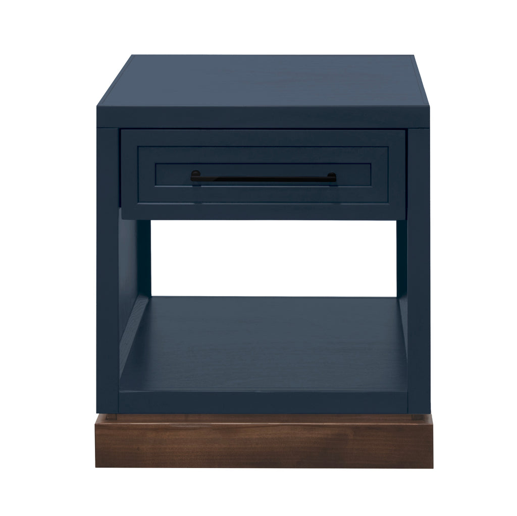 Front view of Nora 22 Inch End Table with drawer and shelf in Blue Denim and Whiskey finish, showcasing its modern, no-assembly design.
