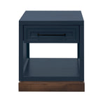 Front view of Nora 22 Inch End Table with drawer and shelf in Blue Denim and Whiskey finish, showcasing its modern, no-assembly design.