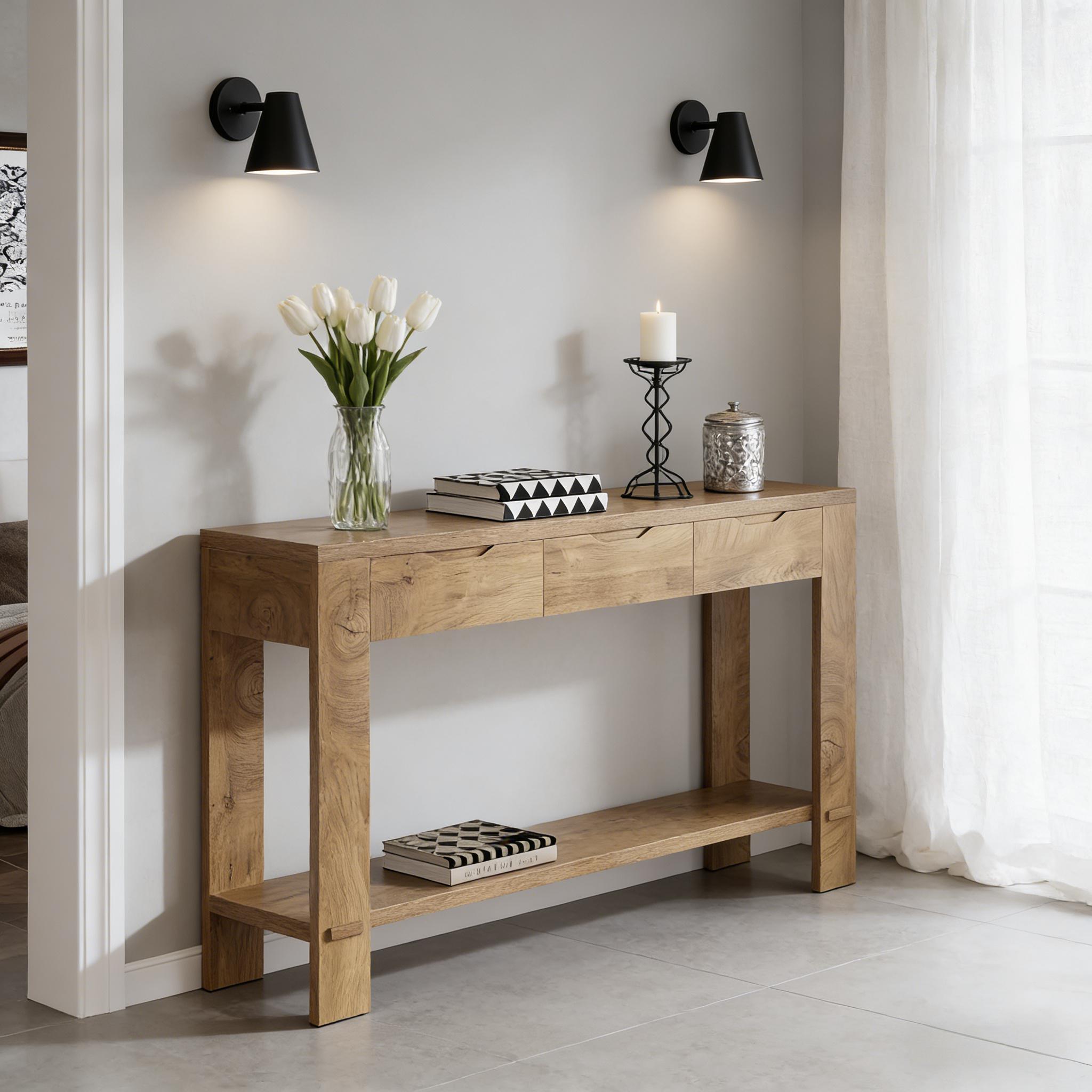 Rustic oak console table featuring three storage drawers, a lower display shelf, and sturdy block legs in a home entryway.