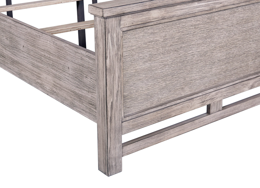 Detail of footboard and side rail on Queen Size Panel Bed with Dawn Finish, highlighting wood texture and sturdy construction.