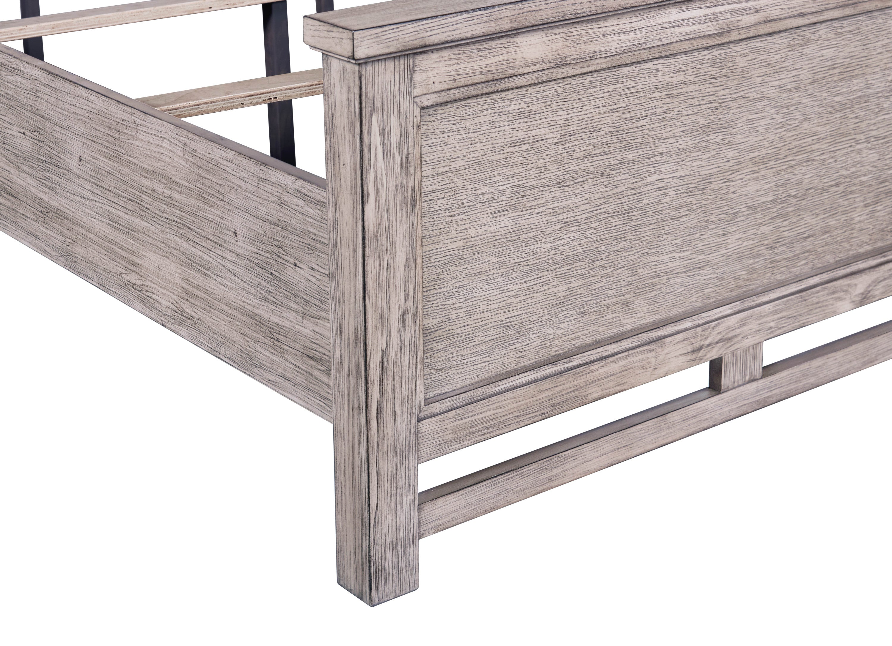 Detail of footboard and side rail on Queen Size Panel Bed with Dawn Finish, highlighting wood texture and sturdy construction.