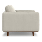 Side profile of Modern Armchair Cream White - Morrison Collection with boxy armrest and mid-century wood base.