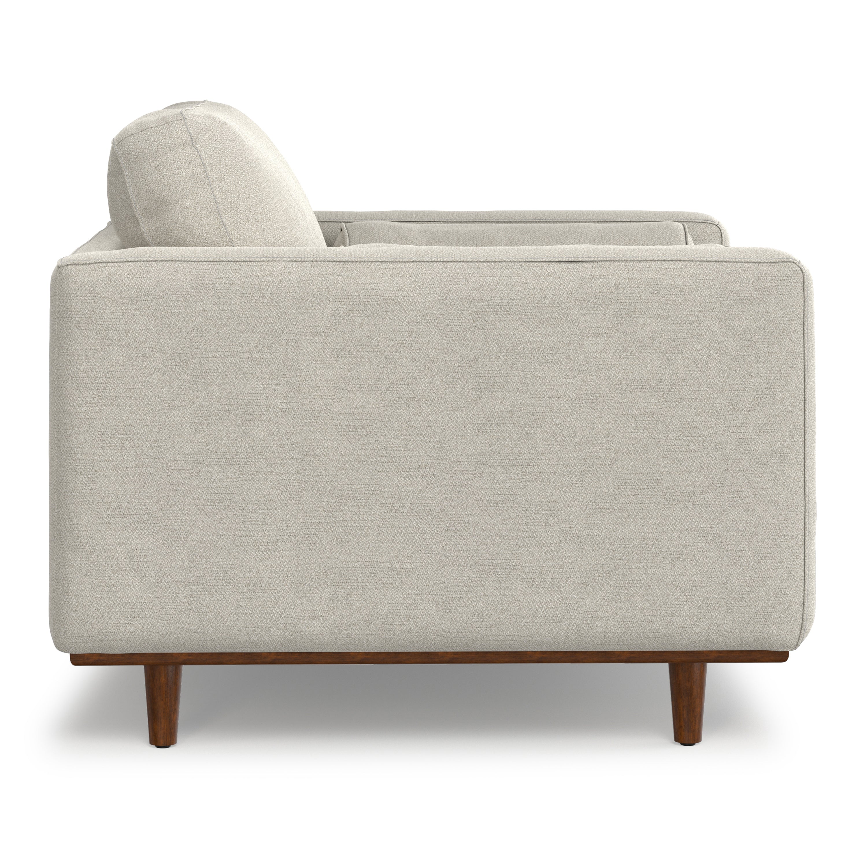 Side profile of Modern Armchair Cream White - Morrison Collection with boxy armrest and mid-century wood base.