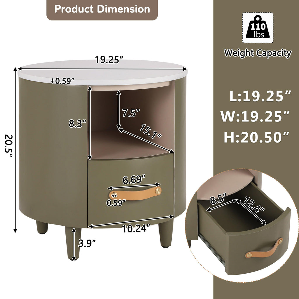 Modern Round Nightstand with Storage Drawer & Shelf.
