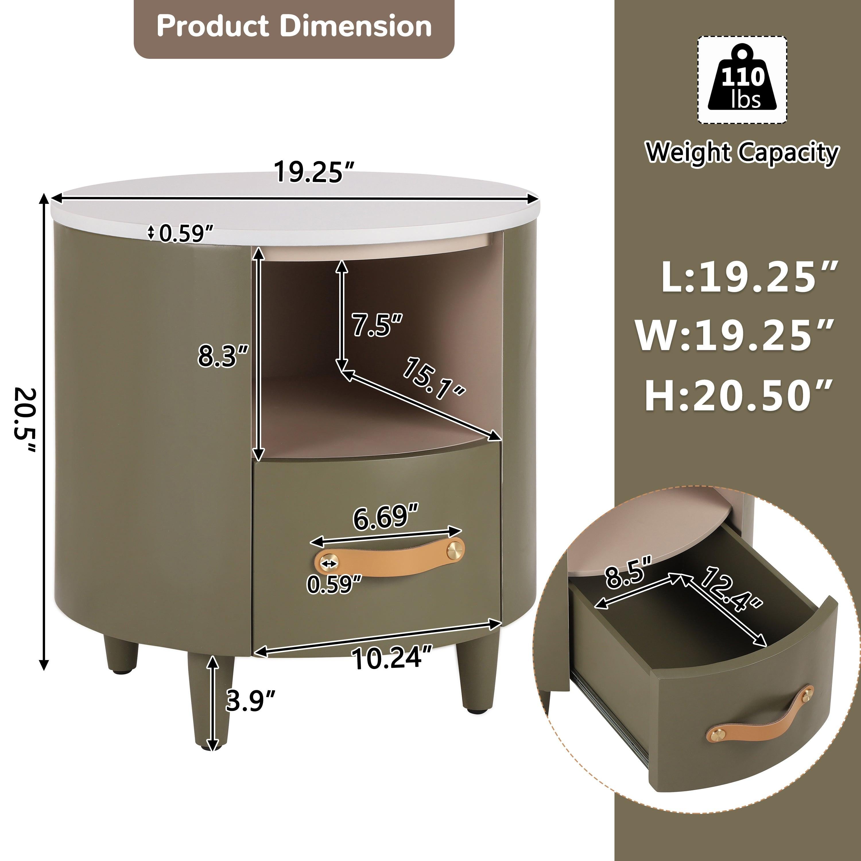 Modern Round Nightstand with Storage Drawer & Shelf.