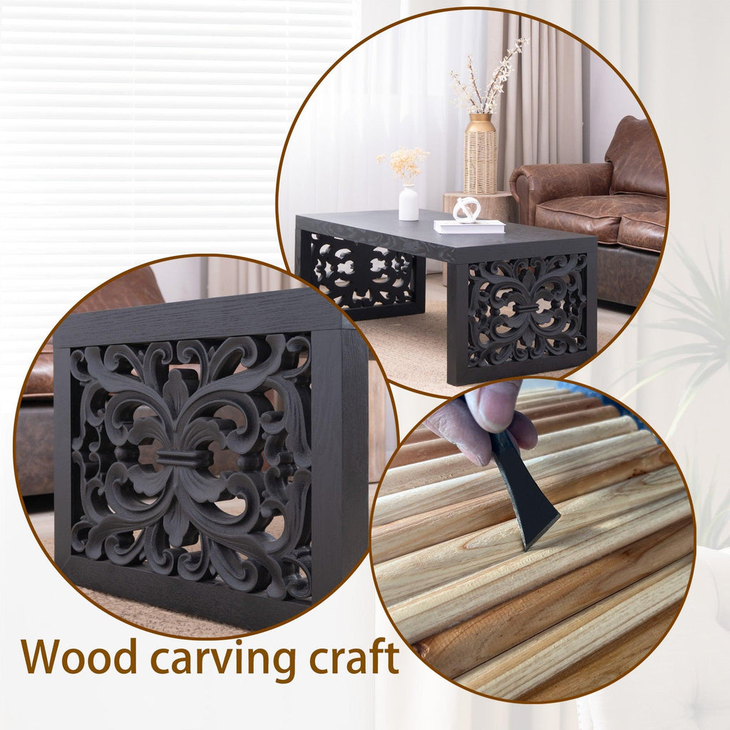 47.2' Solid Black Carved Wood Coffee Table – Handcrafted Look with Ornate Side Panels.