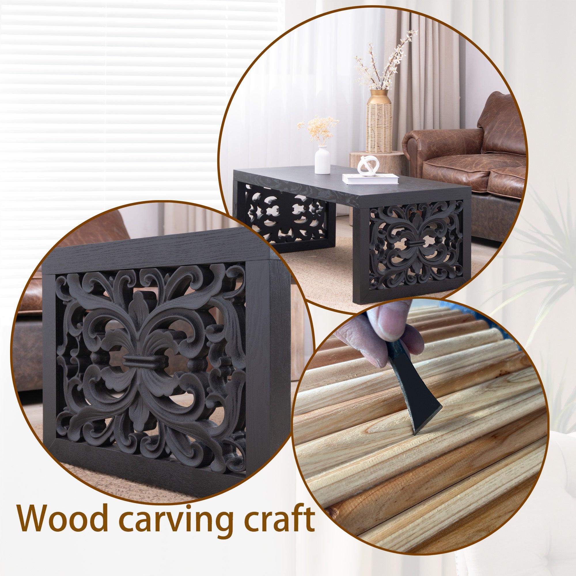 47.2' Solid Black Carved Wood Coffee Table – Handcrafted Look with Ornate Side Panels.