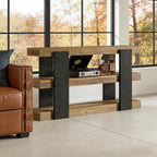 Rustic 3-tier console table featuring oak-finish wood shelves and sturdy, black vertical supports in a modern style.