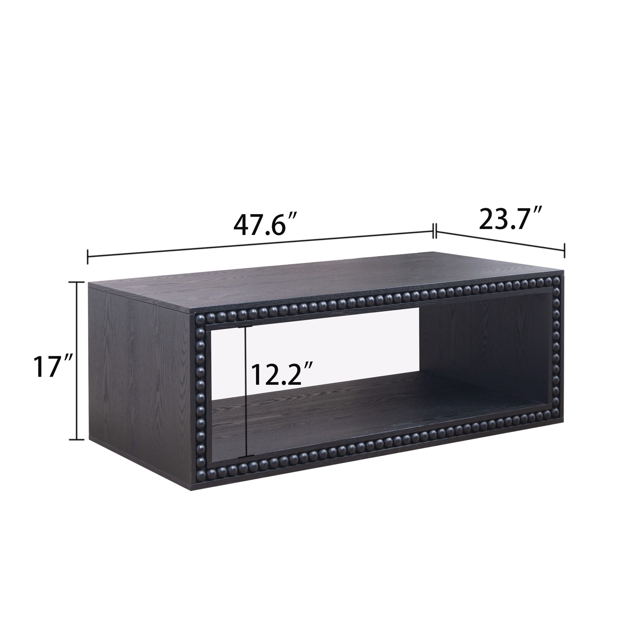Dimensions of Black Beaded Coffee Table with Storage Shelf shown as 47.6' x 23.7' x 17', with 12.2' shelf height for practical use.