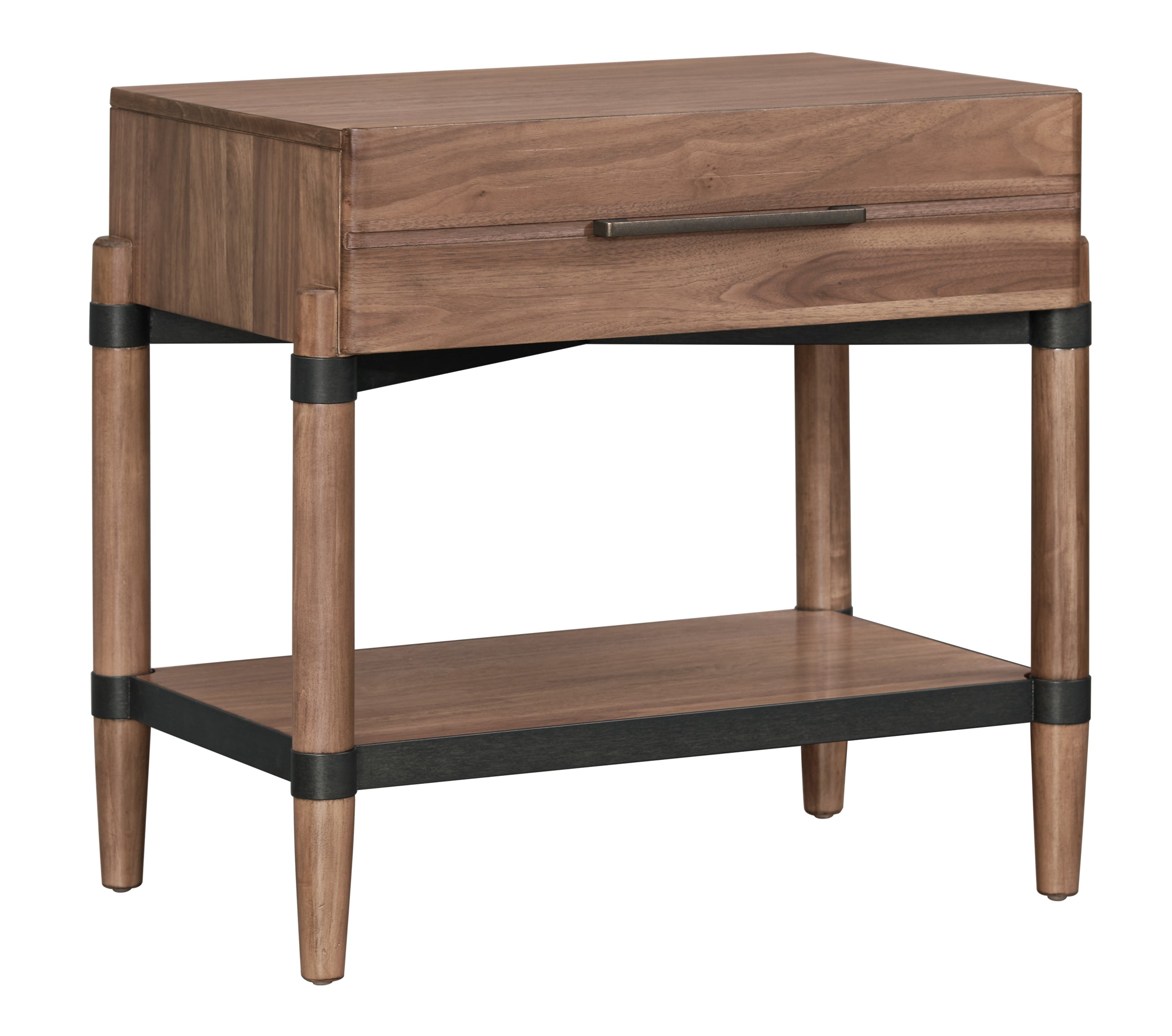 Close-up of Walnut Finish Nightstand featuring one drawer and open shelf. Compact 26-inch design with modern black accents.