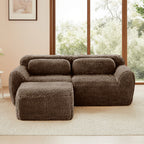 Front view of plush chocolate L-shaped modular sofa with ergonomic backrest and soft texture, perfect for cozy home interiors.