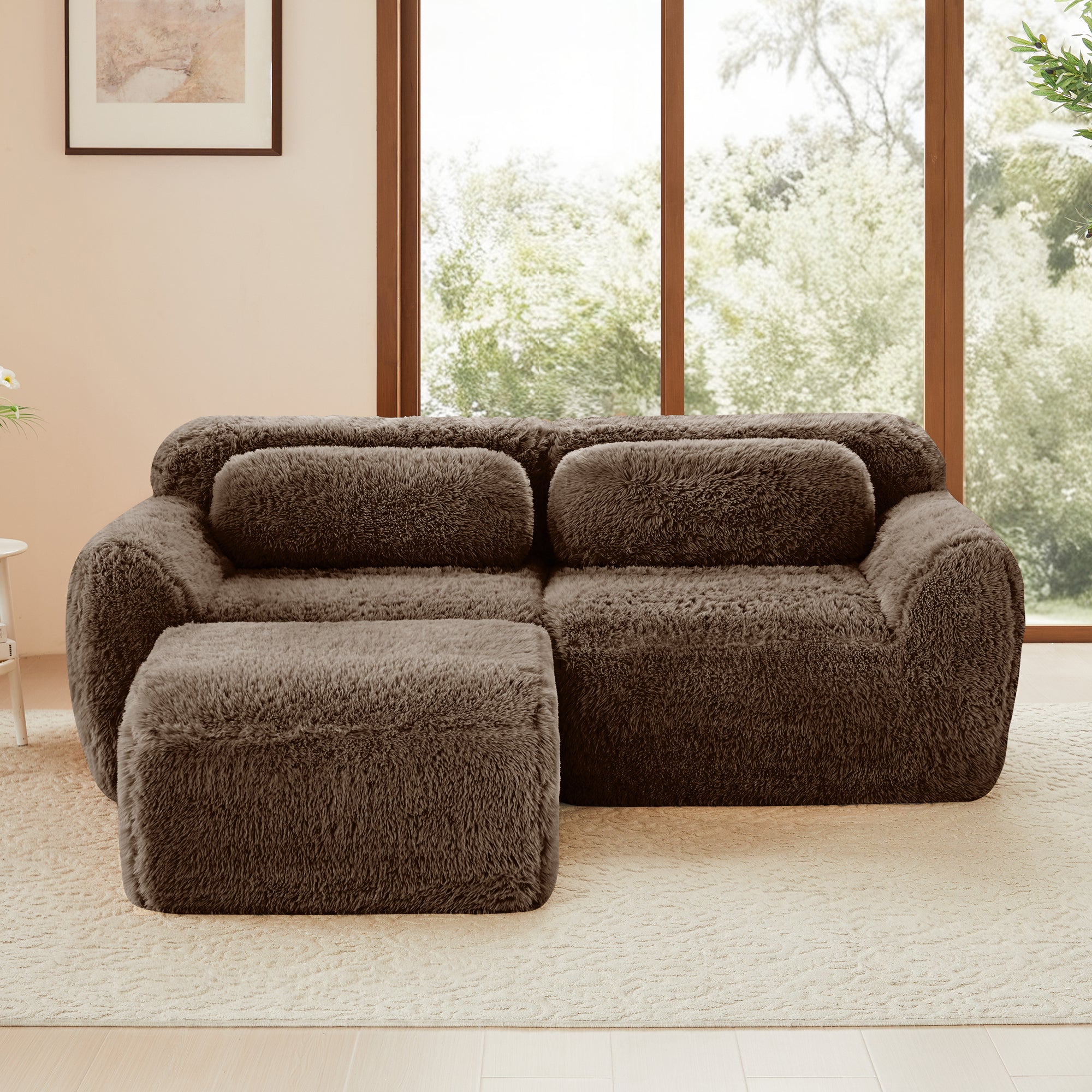 Front view of plush chocolate L-shaped modular sofa with ergonomic backrest and soft texture, perfect for cozy home interiors.