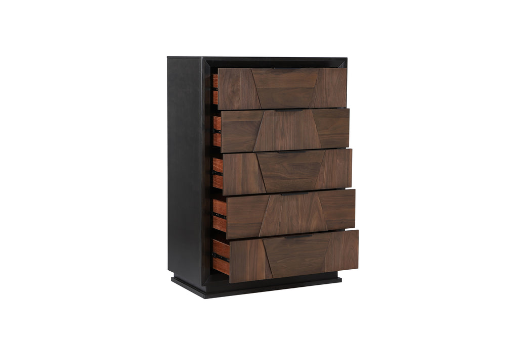 Houston 5-Drawer Chest - Walnut with all drawers partially open, showcasing ample storage capacity and solid wood construction.