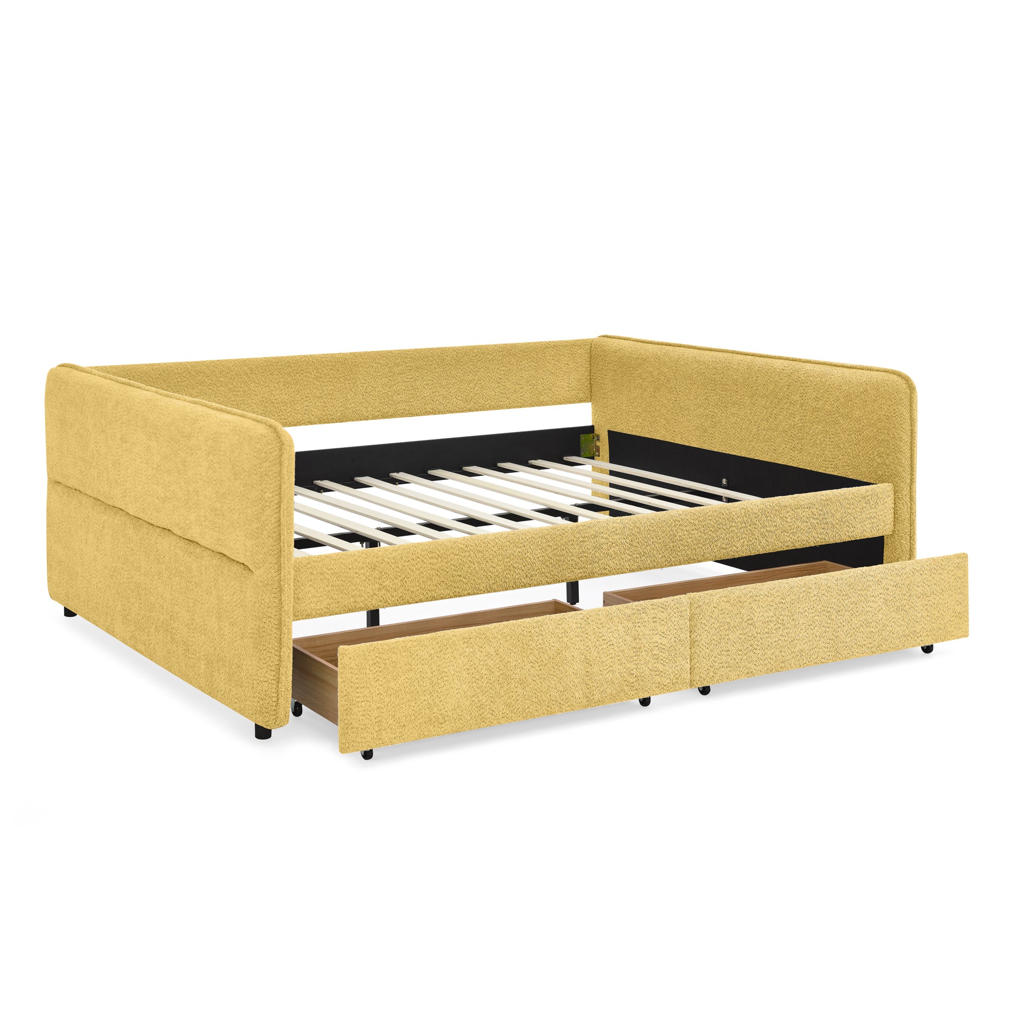 Yellow Boucle Queen Daybed with Two Drawers and Eucalyptus Wood Frame