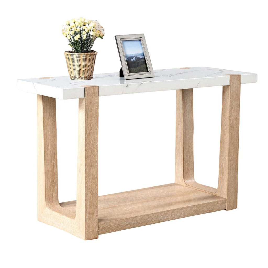 Modern design sofa table featuring a white faux marble top and natural wood base, ideal for contemporary living spaces.