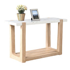 Modern design sofa table featuring a white faux marble top and natural wood base, ideal for contemporary living spaces.