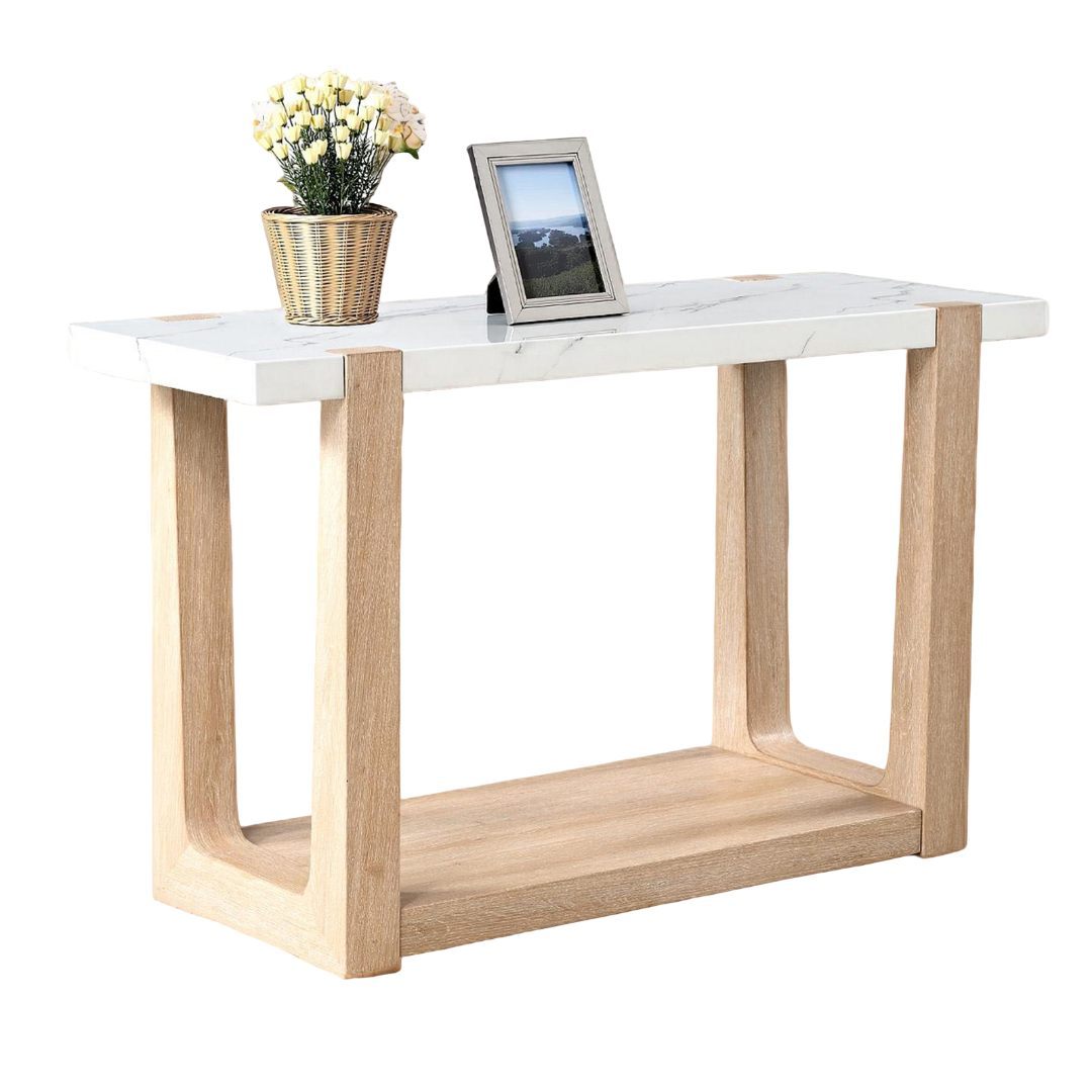 Modern design sofa table featuring a white faux marble top and natural wood base, ideal for contemporary living spaces.