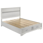 Modern white queen bed with storage drawers, wood finish, and shimmering metallic accent trim on headboard and footboard.
