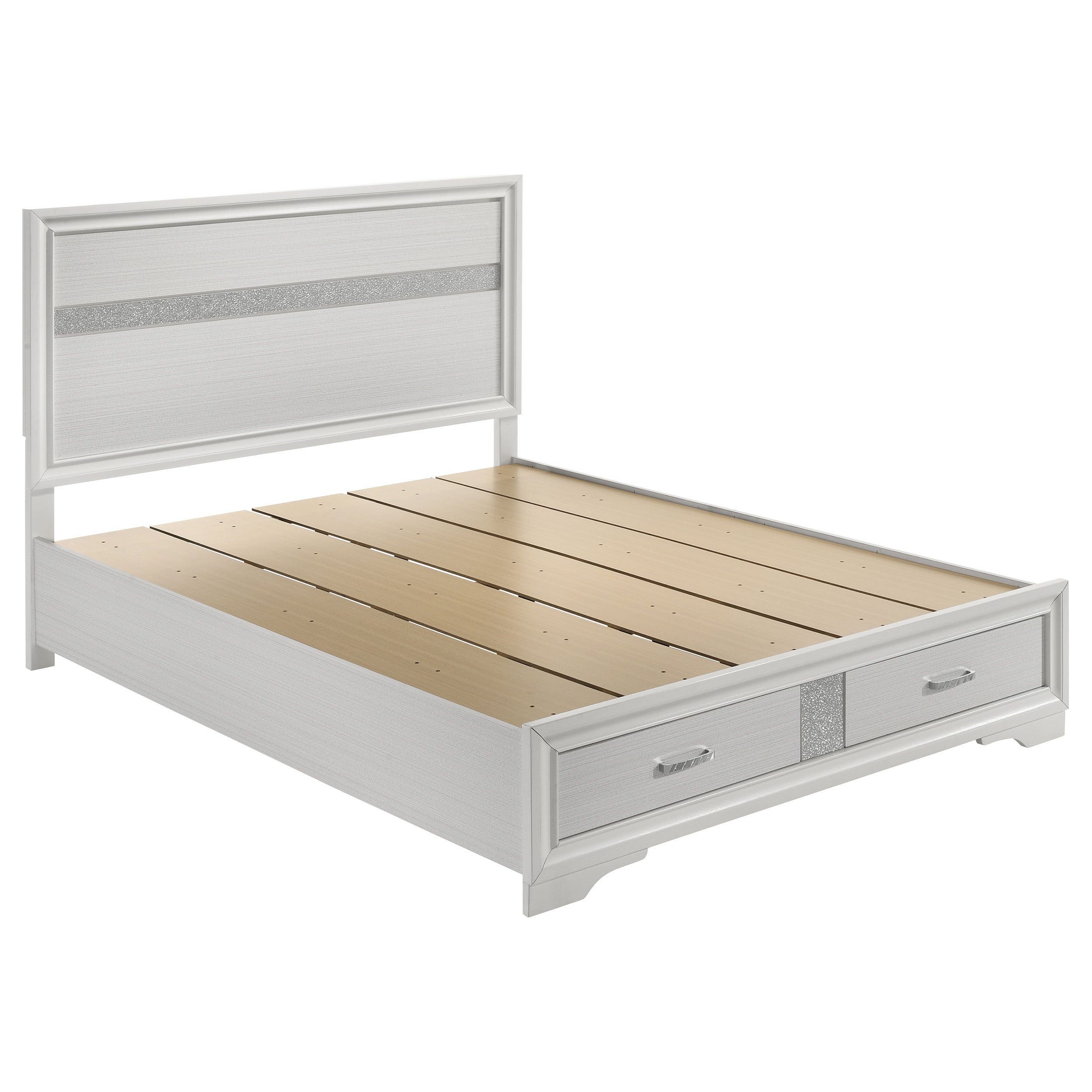 Modern white queen bed with storage drawers, wood finish, and shimmering metallic accent trim on headboard and footboard.