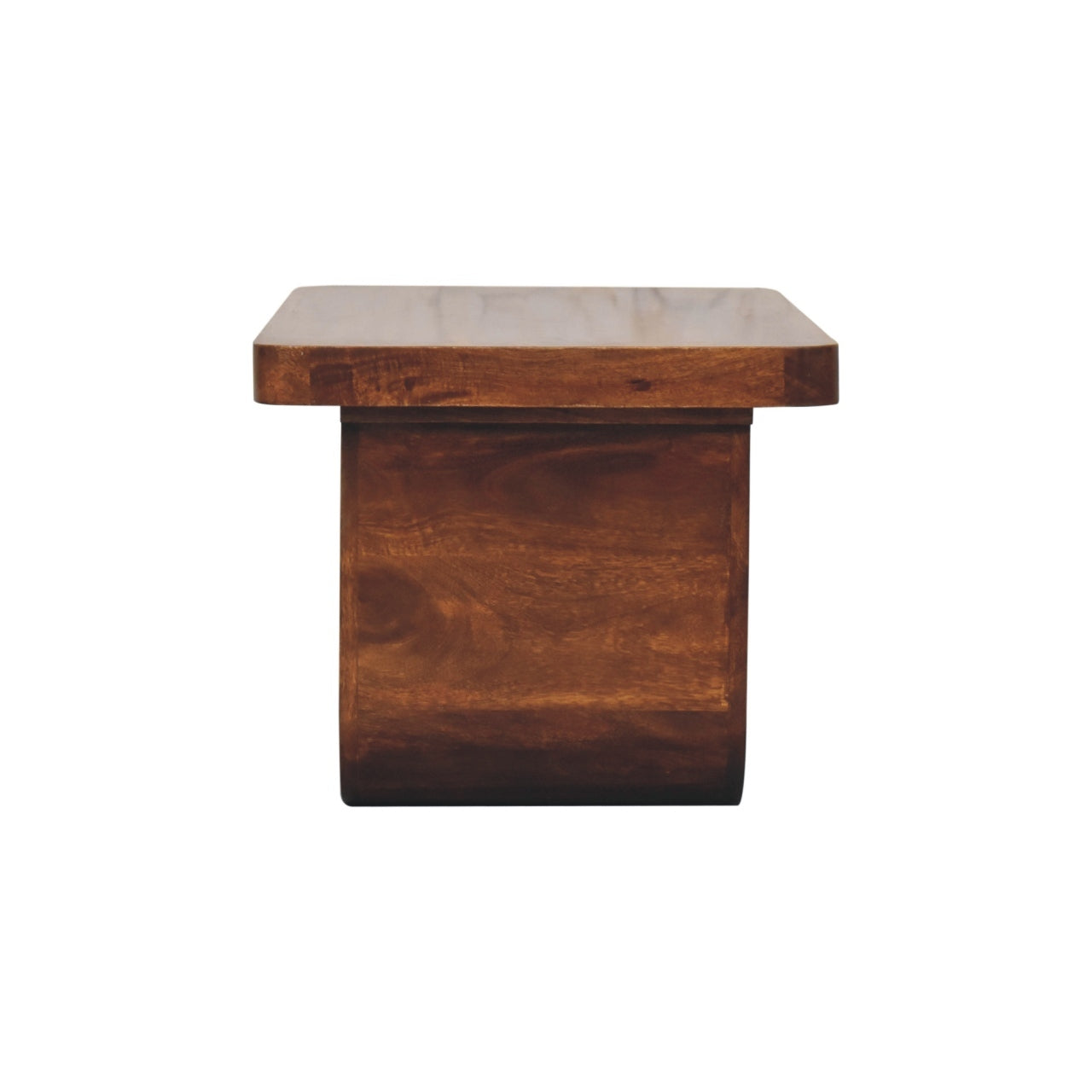 Side view of solid mango wood coffee table showcasing thick tabletop and curved leg in chestnut finish.