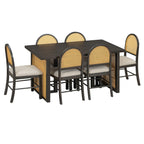 TREXM 7-Piece Farmhouse Dining Table Set for 6 - 59.8' Rectangular Dining Table with Distressed Oak Veneer and 6 Rattan Chairs, Rustic Kitchen Furniture for Dining Room(Espresso)