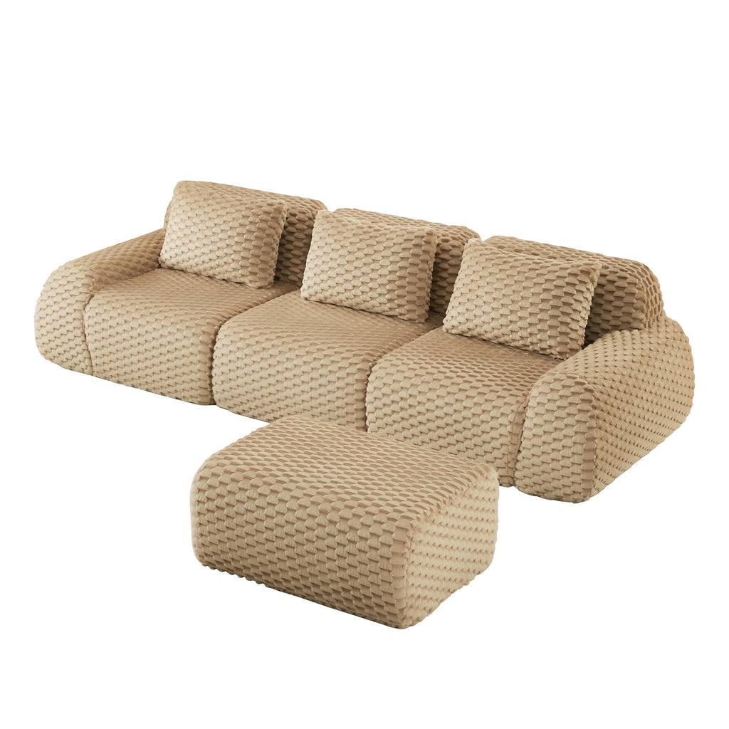 L-Shaped Modular Sectional Sofa - Light Camel with ottoman, showcasing modular design and textured flannelette upholstery.