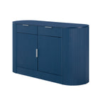 Angled view of modern navy blue MDF storage cabinet with curved edges and sleek vertical grooves for a contemporary look.