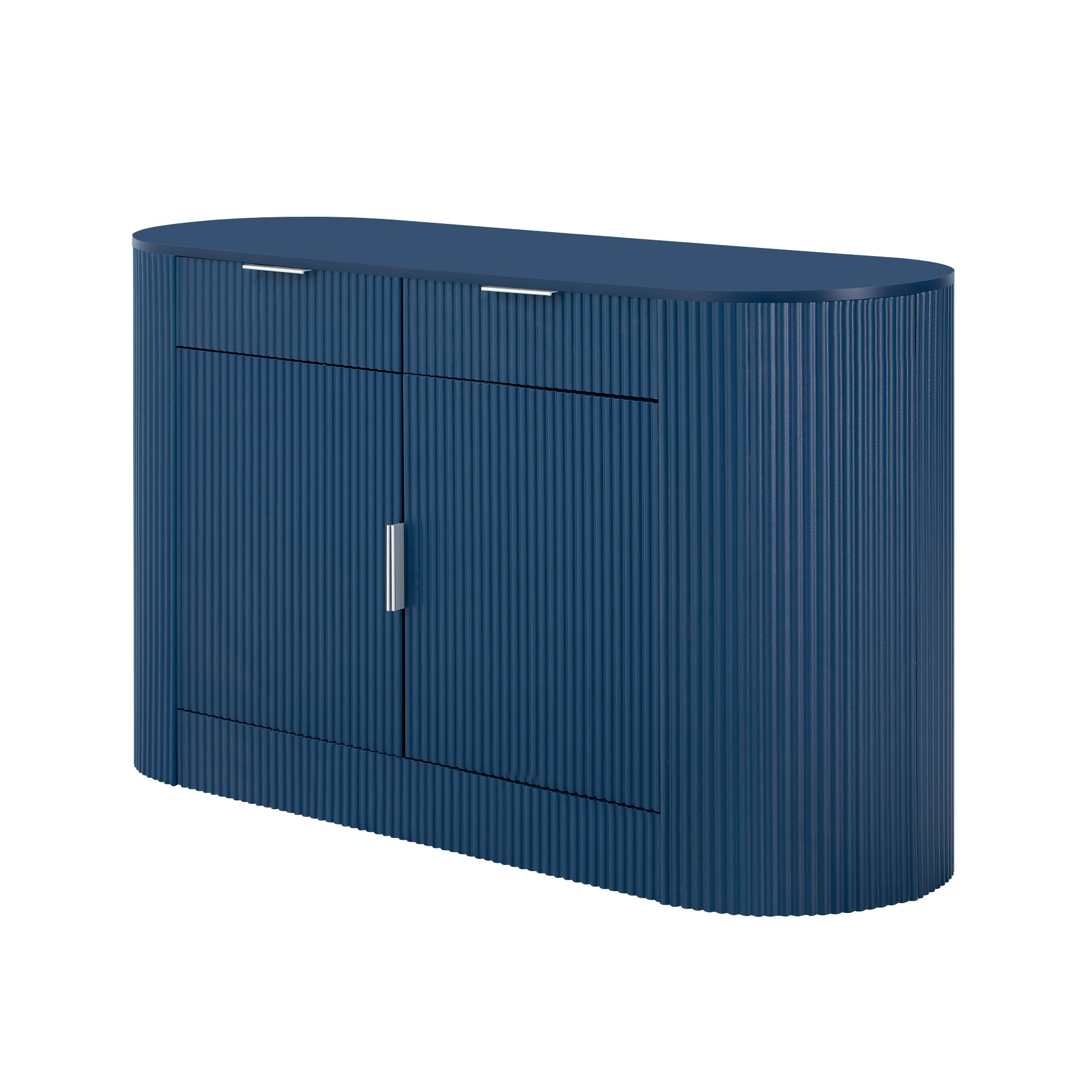 Angled view of modern navy blue MDF storage cabinet with curved edges and sleek vertical grooves for a contemporary look.