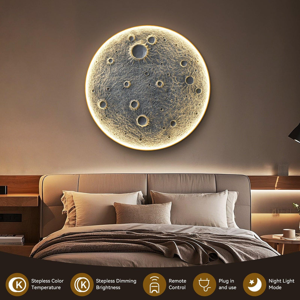 48-Inch Realistic Resin Moon Wall Light – Plug-In Dimmable LED Moon Sconce with Remote Control, 45 W Main & 20 W Night Light, Meteorite Crater Texture, 1.75″ Thick Wall-Mounted Décor for Home & Commer.