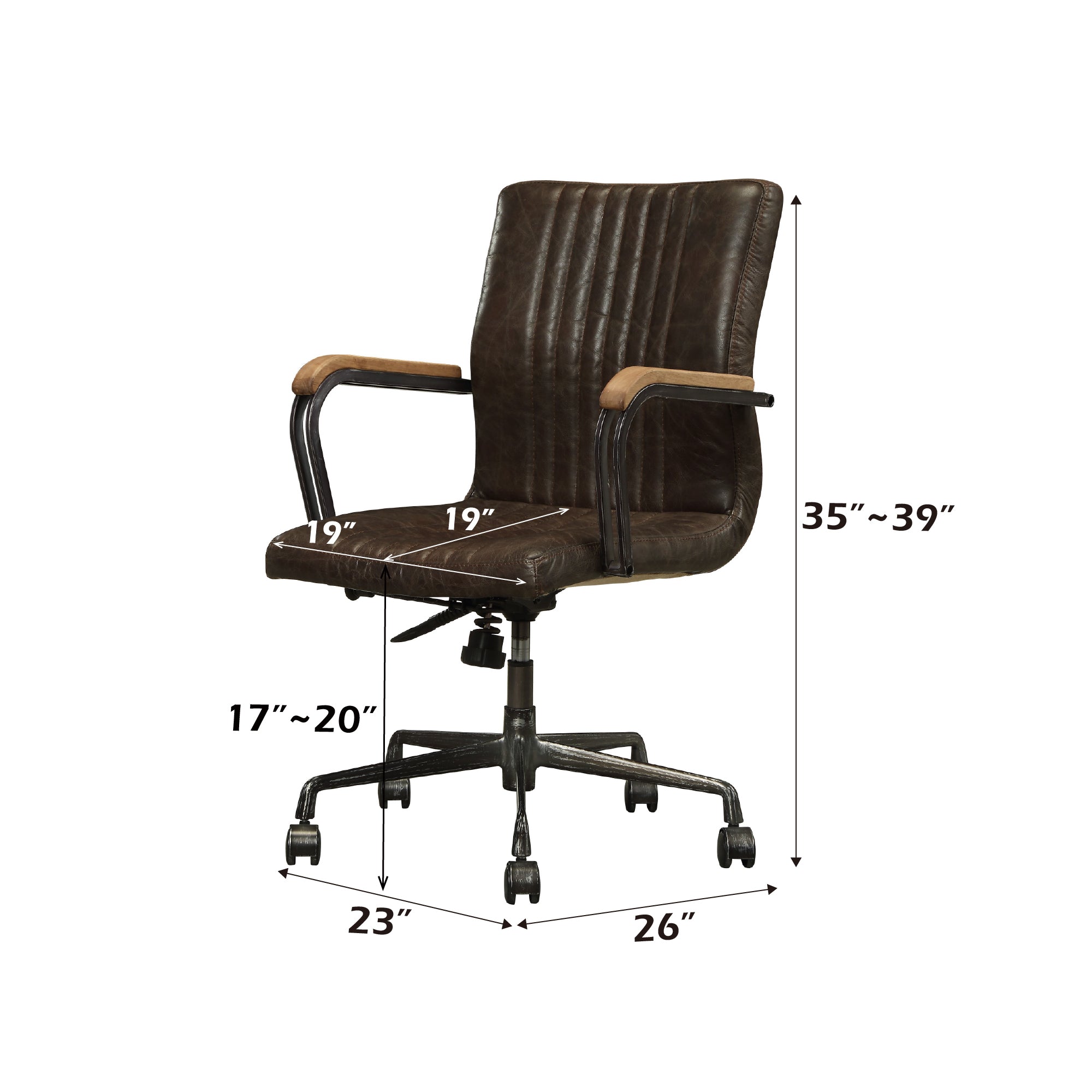 Top Grain Leather Office Chair with adjustable height from 17 to 20 inches, 360° swivel, and dimensions labeled for seat and backrest.