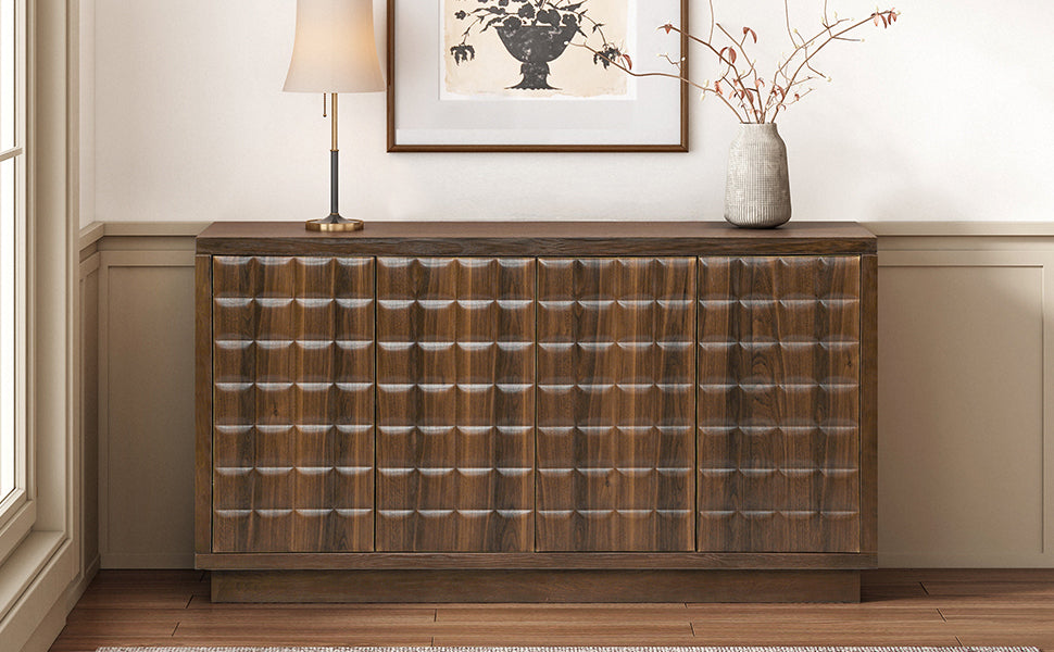 Front view of geometric 4-door storage cabinet with wood veneer finish and metal accents, placed in a modern room setting.