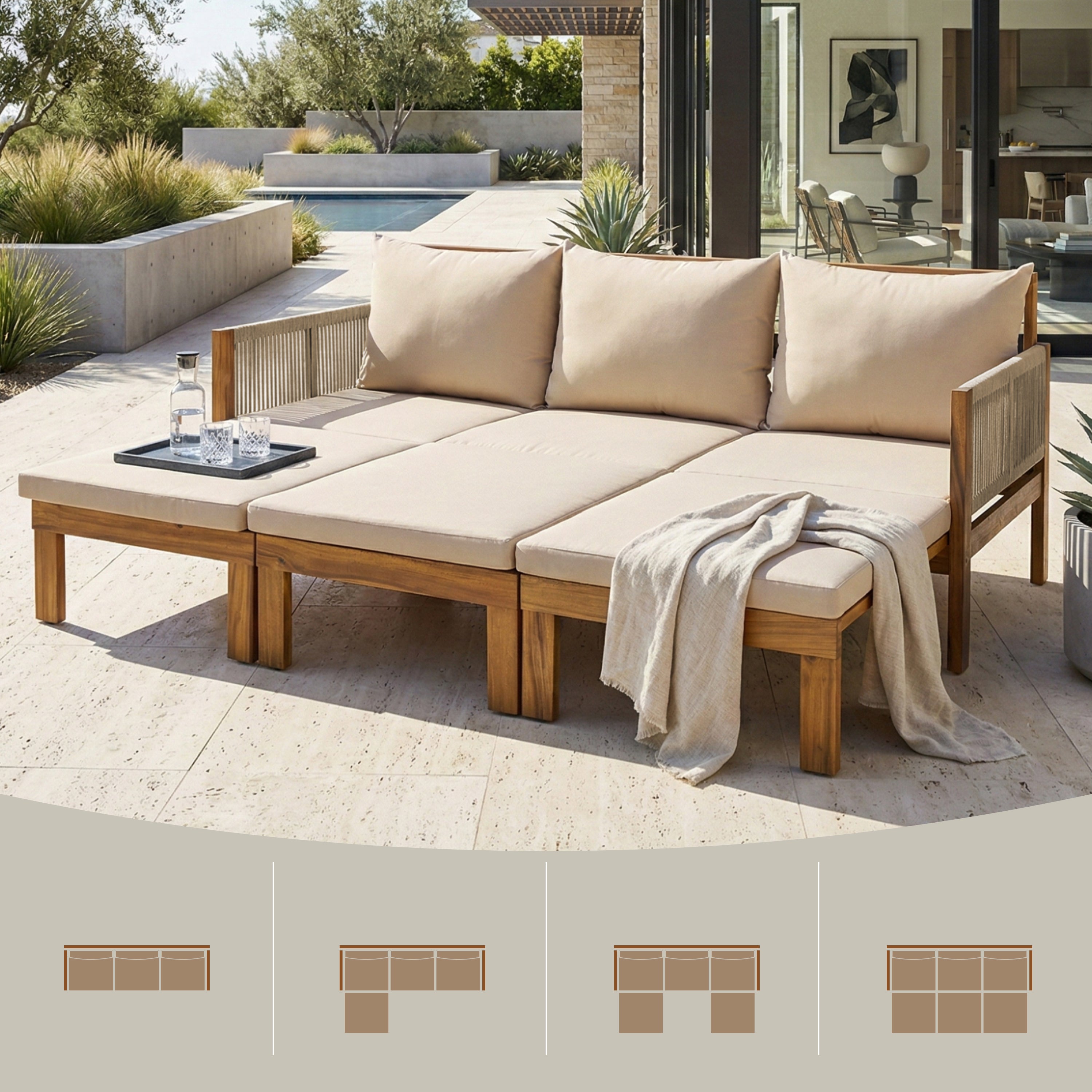 73-Inch Outdoor Wood Daybed with Brown Waterproof Cushion