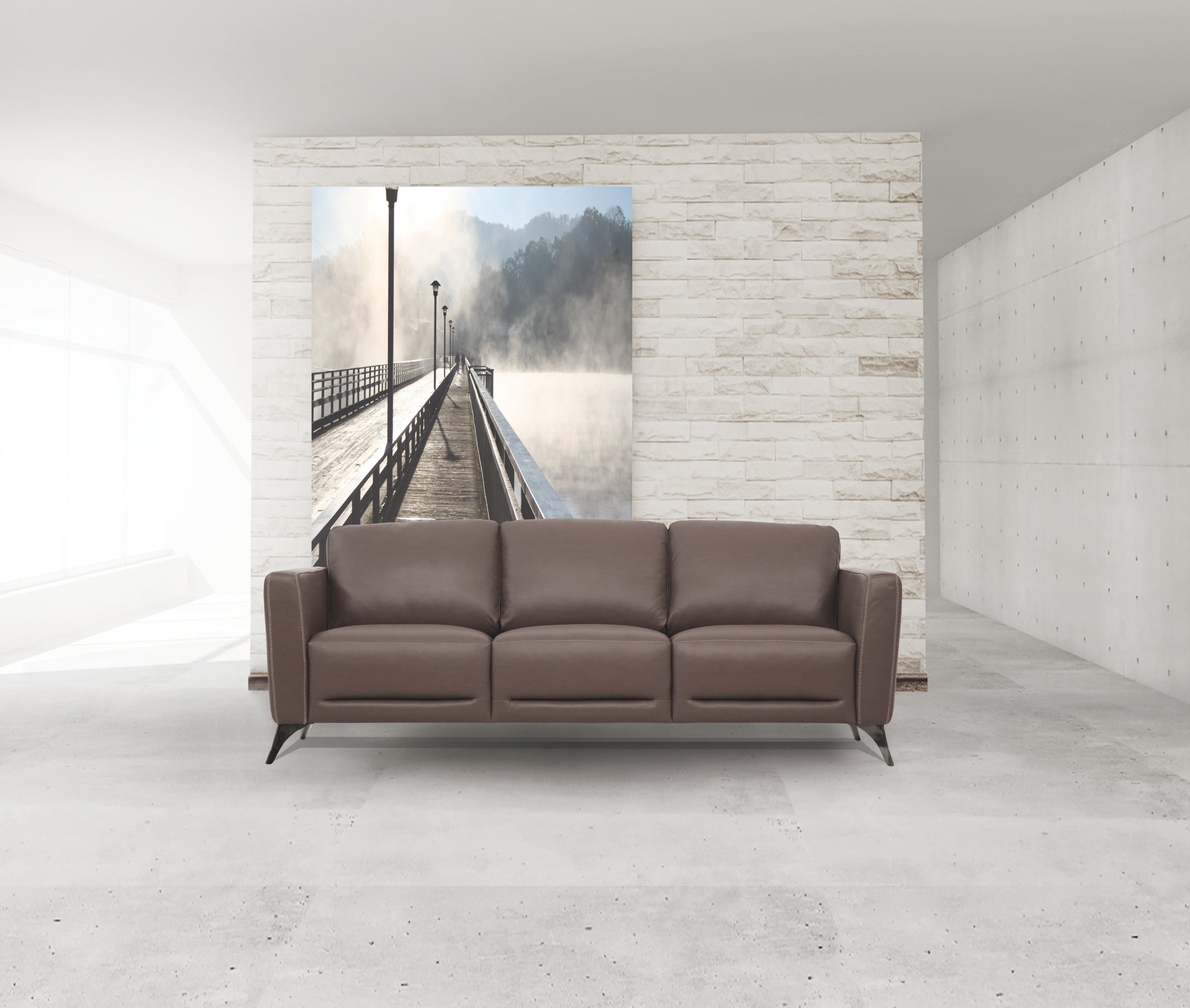 Malaga 83-Inch Taupe Leather 3-Seater Sofa with Chrome Metal Legs