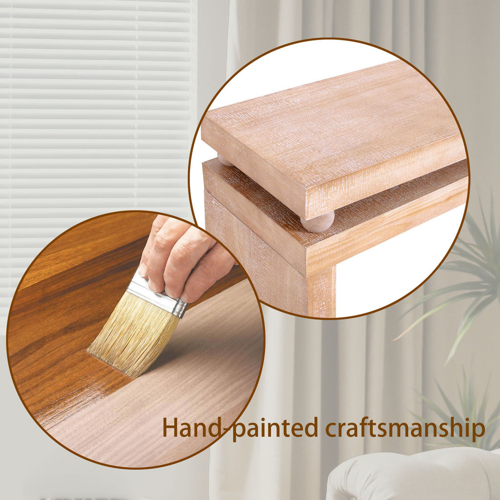 Hand-painted craftsmanship process of Slim Natural Wood Console Table, showcasing artisanal quality and rustic finish.