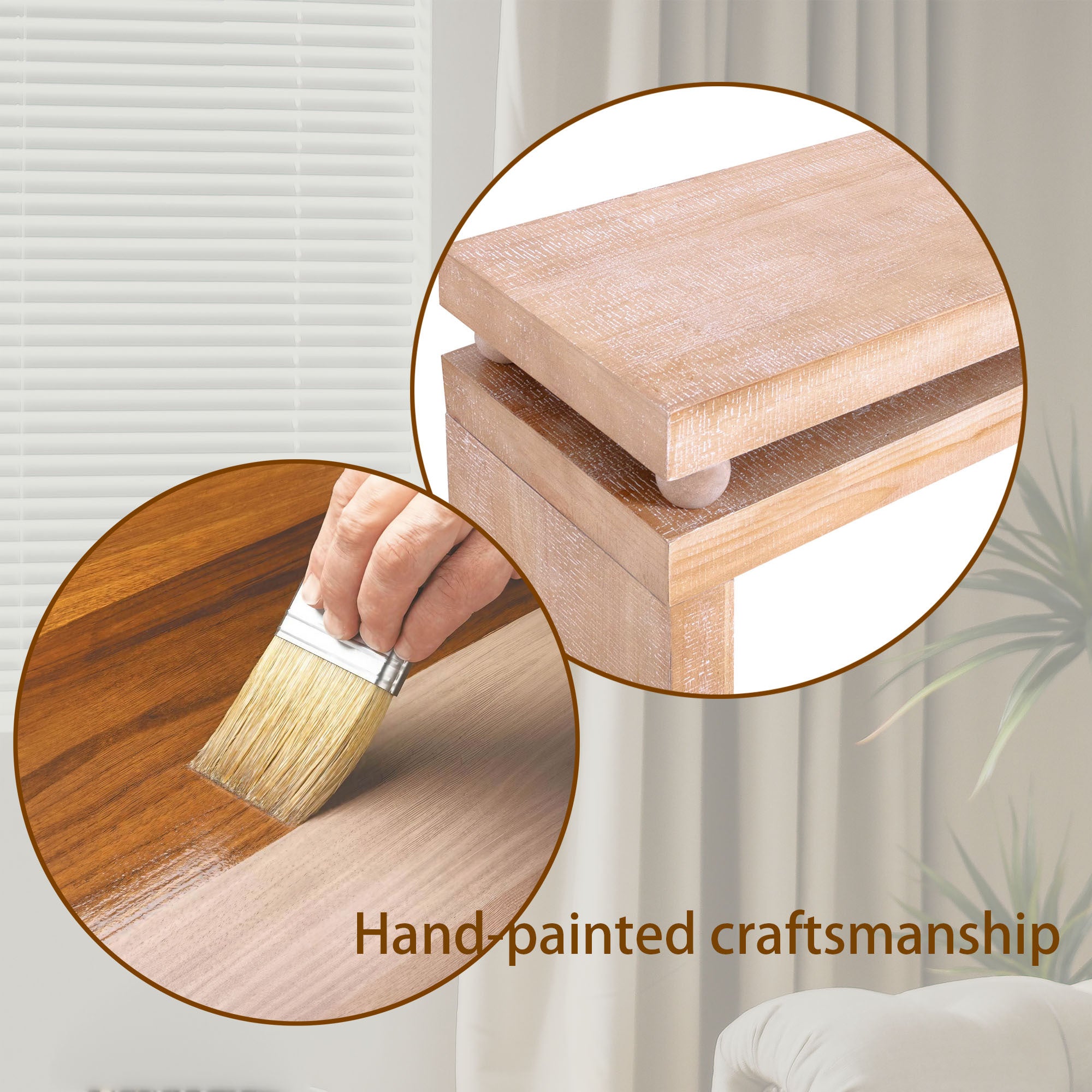Hand-painted craftsmanship process of Slim Natural Wood Console Table, showcasing artisanal quality and rustic finish.
