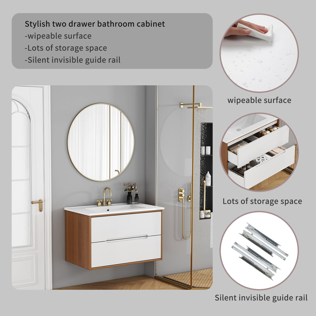 Features of 32-inch bathroom vanity include wipeable surface, silent guide rails, and ample storage in soft-close drawers with ceramic sink.