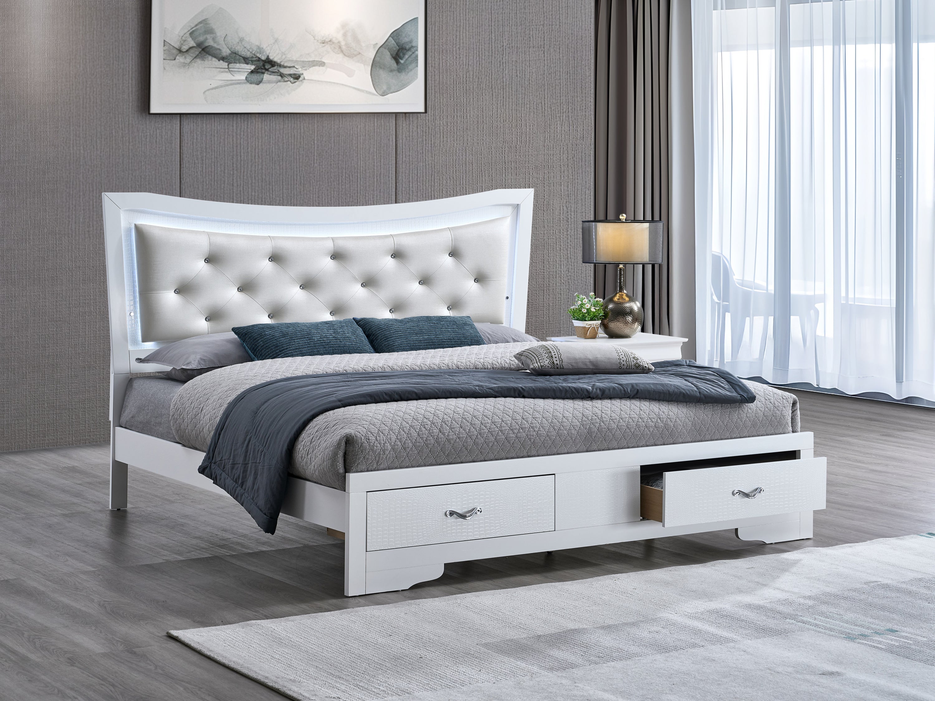 Lorana Full Bed with Jeweled Tufted Headboard and LED Lighting