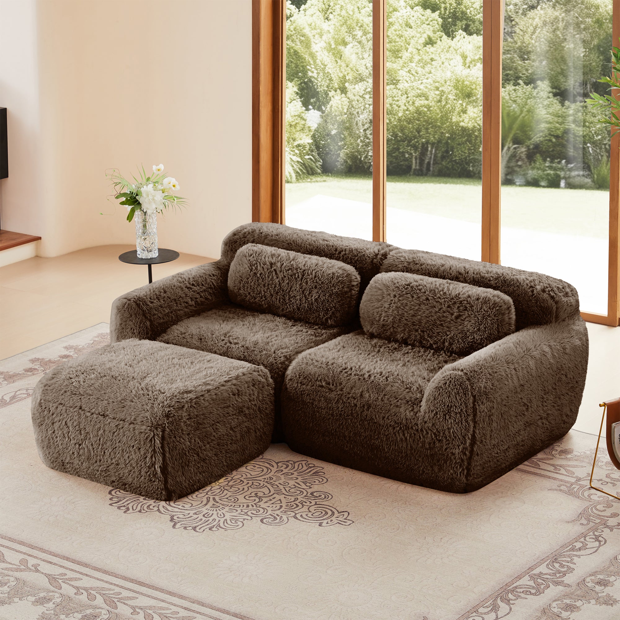 L-shaped modular sofa in plush chocolate fabric with ottoman, ergonomic design and no assembly required, ideal for modern living rooms.