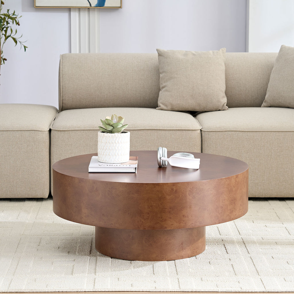 Faux Burl Coffee Table styled in a neutral-toned living room, perfect for small spaces with modern round design.