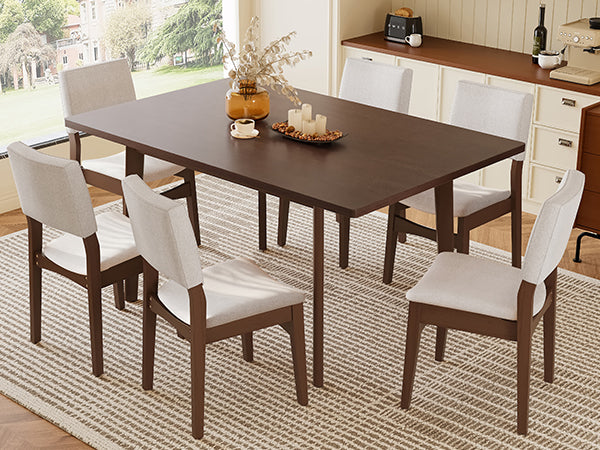Top view of the Modern Dining Set featuring a walnut finish table and six beige upholstered chairs in a cozy dining space.