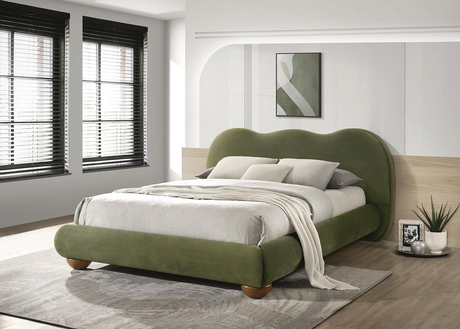 Olive Green Queen Size Bed with Boucle Upholstery.
