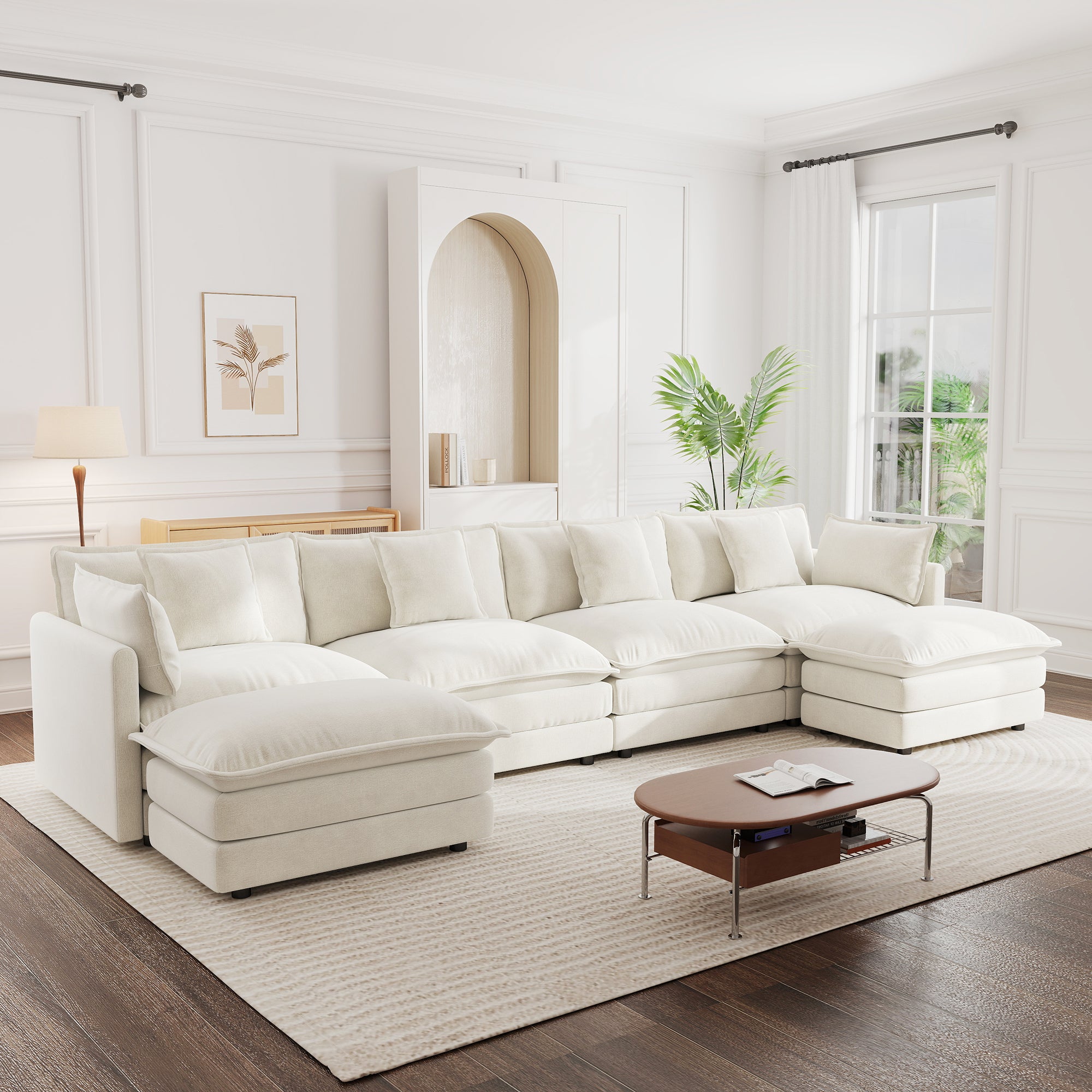 Modern White Chenille U-Shaped Sectional Sofa with Reversible Chaise